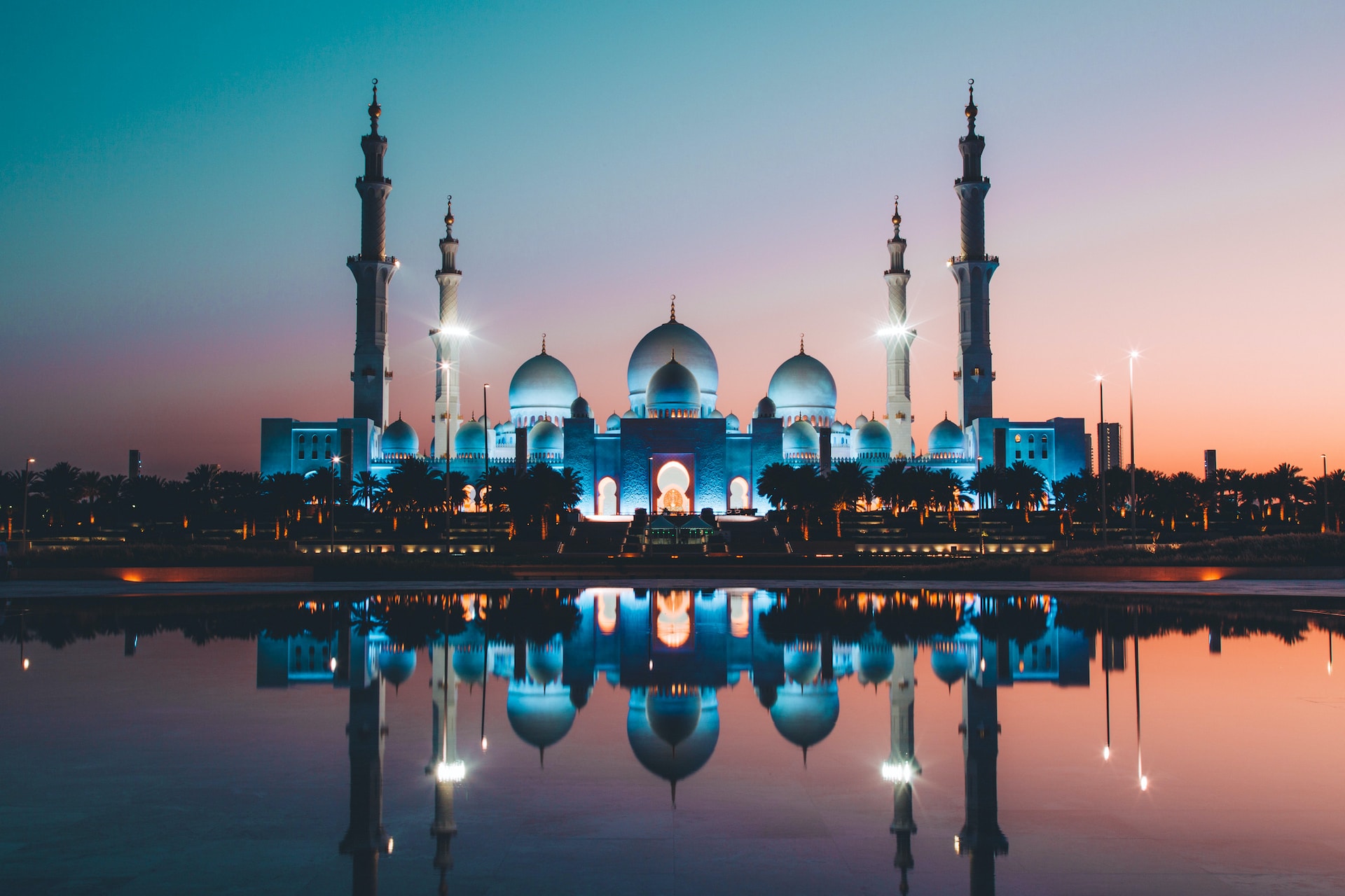 Evening Abu Dhabi: mangrove forest and mosque