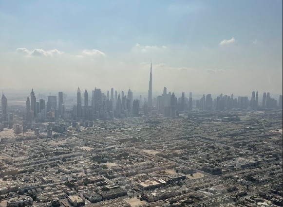 Helicopter flying above the city